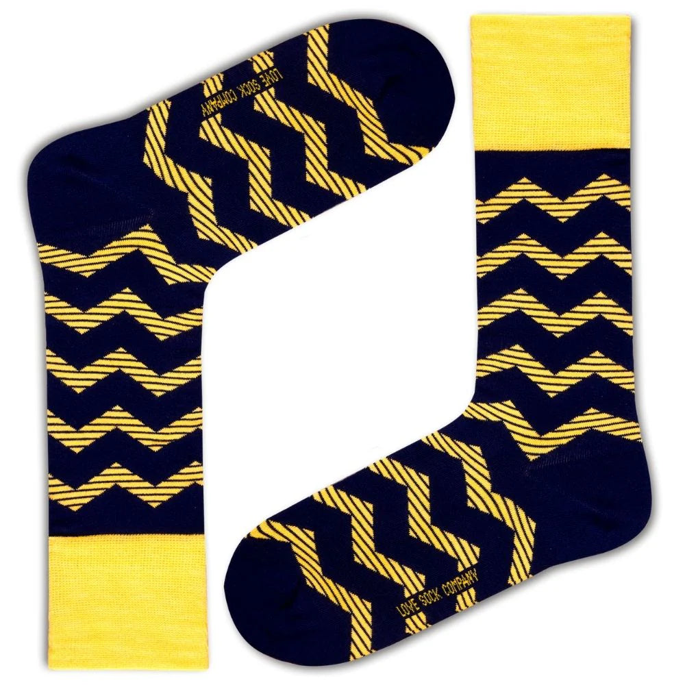 Men's Navy Yellow Dress Socks With Stripes - Zig Zag Yellow