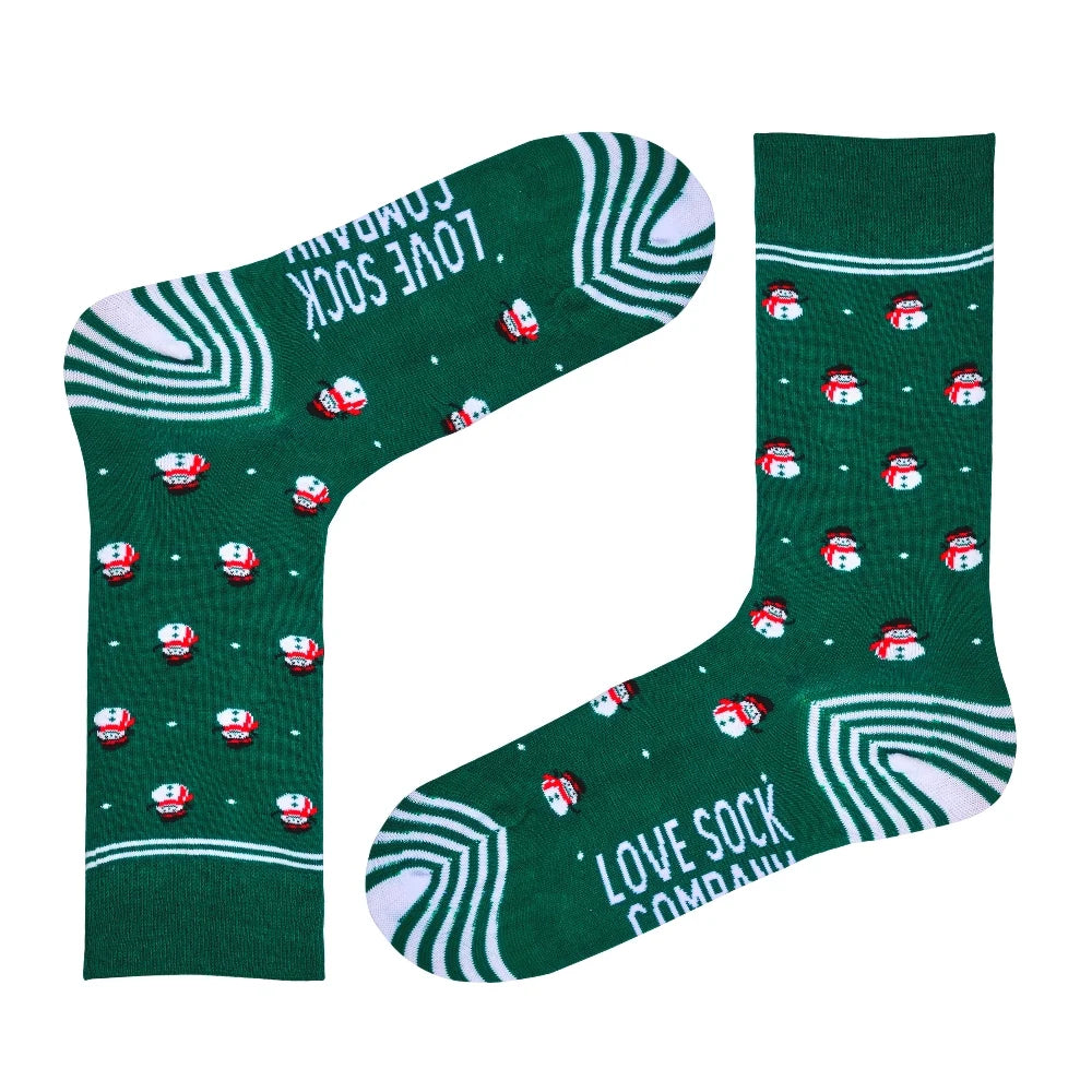 Women’s Fun Christmas Crew Socks - Organic Cotton, Festive Snowman Gift Socks - Green