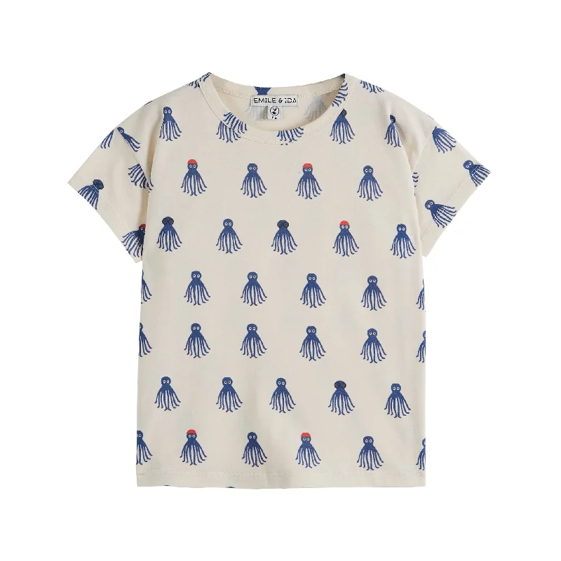 Emile et Ida Tee Shirt Imprime AO Octopus Creme Octopus Bleu