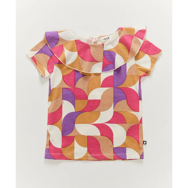 Oeuf Ruffle Collar Tee Fuchsia/Geometric