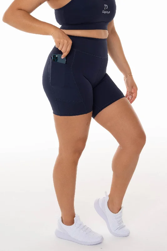 High Rise Midnight Navy Pocket Midi Shorts