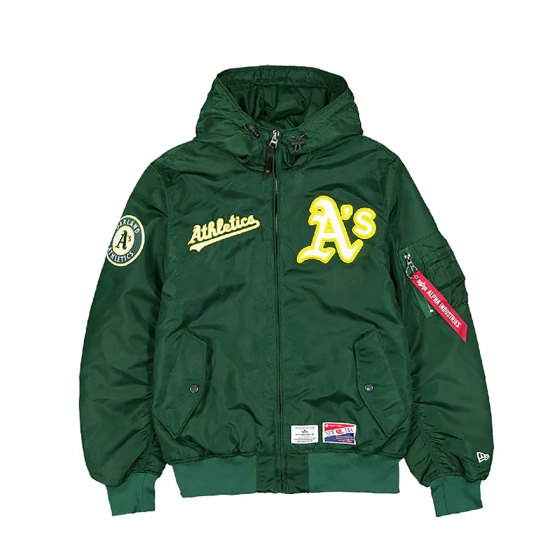 Oakland Athletics MLB x Alpha Industries Dark Green Hooded Bomber Jacket